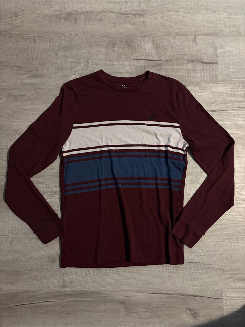 Hollister Men's Long Sleeve Crewneck - Maroon, Blue & White Stripes